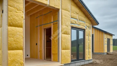 A modern, cozy home with visible insulation layers in the walls, showcasing energy efficiency