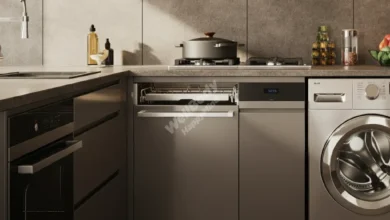 A modern kitchen with water-efficient appliances, highlighting a sleek dishwasher and washing machine