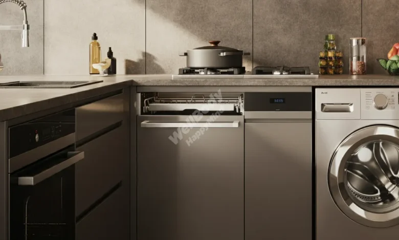 A modern kitchen with water-efficient appliances, highlighting a sleek dishwasher and washing machine