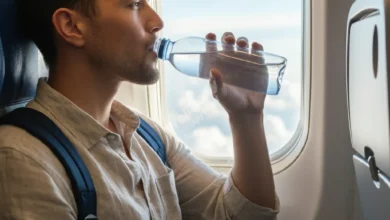 A passenger on a plane sipping water from a reusable bottle, with a view of clouds through the window