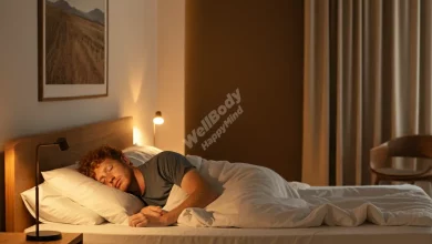 A peaceful bedroom scene with a person sleeping soundly