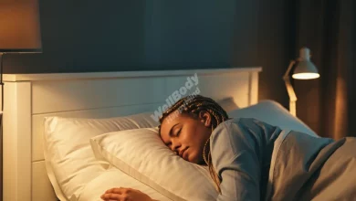 A peaceful bedroom scene with a person sleeping soundly, anti-snore device visible