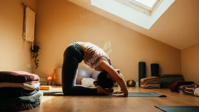 A peaceful yoga studio with natural light, showing various yoga props and a person in a yoga pose
