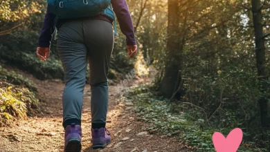 A person hiking in a scenic natural setting with a heart icon overlay