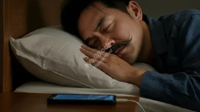 A person peacefully sleeping in a dimly lit room with a smartphone on the nightstand