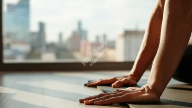 A person practicing Pilates at home on a yoga mat, with a cityscape visible through a window