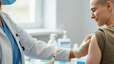 A person receiving a vaccine shot from a healthcare professional in a clean, bright medical setting