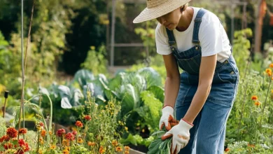 A person tending to a vibrant home garden with various vegetables and flowers
