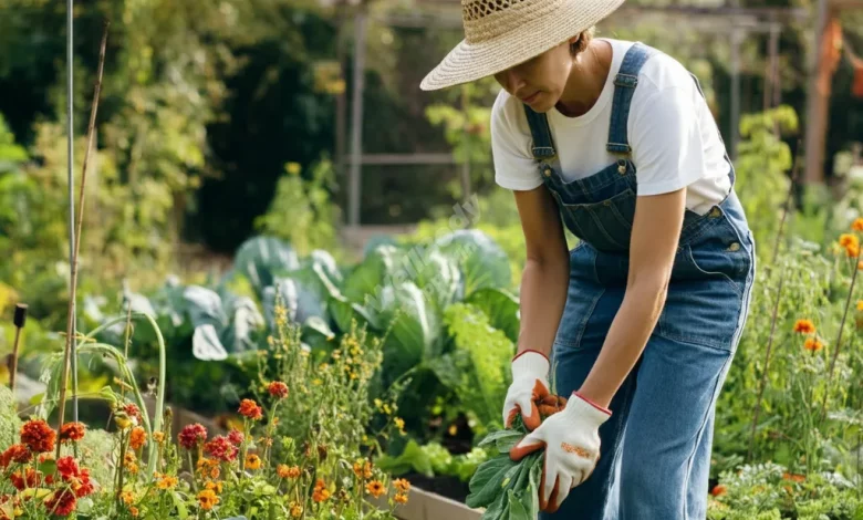 A person tending to a vibrant home garden with various vegetables and flowers