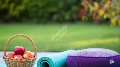 A serene garden with various elements representing holistic health - yoga mat, fresh fruits, meditation cushion