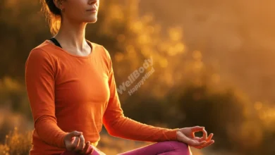 A serene individual meditating in a peaceful natural setting, surrounded by soft, glowing light