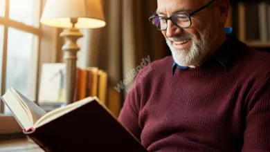 A smiling senior citizen reading a book in a cozy library setting
