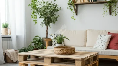 A stylish living room with various upcycled decor items, showcasing the potential of zero waste decorating