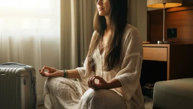 A traveler peacefully meditating in a hotel room with a suitcase visible, warm morning light streaming through the window
