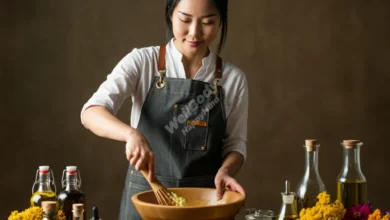 A woman mixing natural ingredients in a bowl, surrounded by various herbs, oils, and flowers