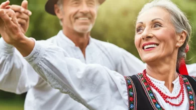 Senior couple joyfully participating in a colorful folk dance