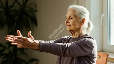 Senior practicing chair yoga with a peaceful smile
