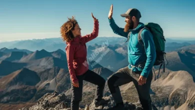 Two people high-fiving with a backdrop of a mountain summit, symbolizing achievement through teamwork