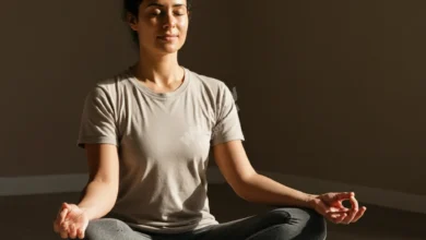 Serene person sitting comfortably with eyes closed, in a peaceful meditation pose, natural lighting, soft focus