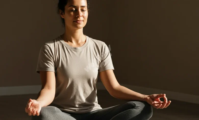 Serene person sitting comfortably with eyes closed, in a peaceful meditation pose, natural lighting, soft focus
