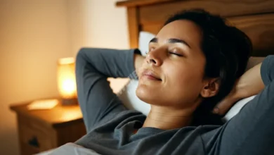A serene bedroom environment with a person lying in bed, practicing a body scan relaxation technique, with a calm expression