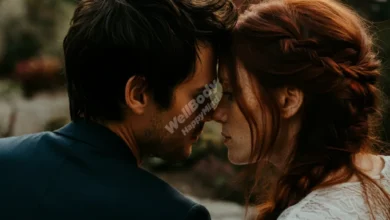 A couple sitting face-to-face in a peaceful garden setting, making eye contact and showing genuine connection