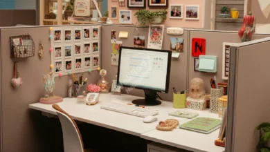A bright, personalized office cubicle with colorful decor and organized workspace