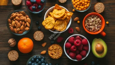 A colorful array of sustainable snacks including fruits, nuts, and homemade treats on a rustic wooden table