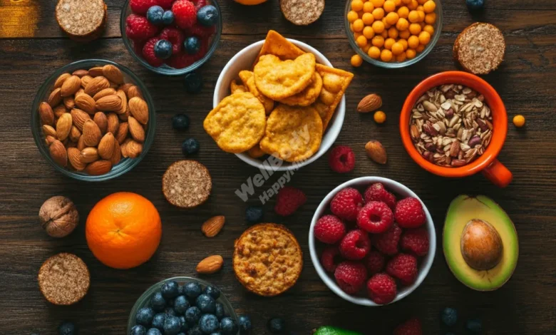 A colorful array of sustainable snacks including fruits, nuts, and homemade treats on a rustic wooden table