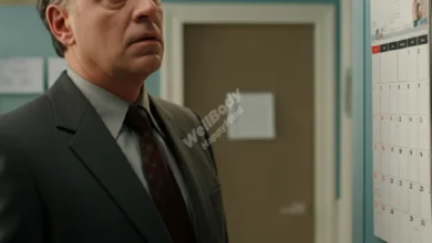 A concerned middle-aged man looking at a calendar, with a doctor's office in the background