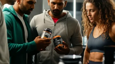 A diverse group of athletes examining various sports nutrition supplements