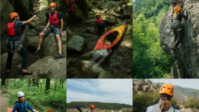 A diverse group of people enjoying various outdoor activities in a scenic natural setting