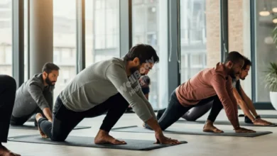 A group of diverse employees practicing yoga in a bright, modern office space