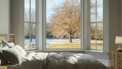 A peaceful bedroom with a window showing four seasons outside