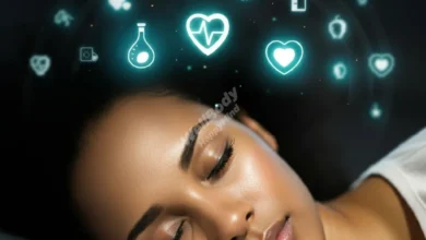 A peaceful sleeping person with various health symbols floating around them, representing disease prevention