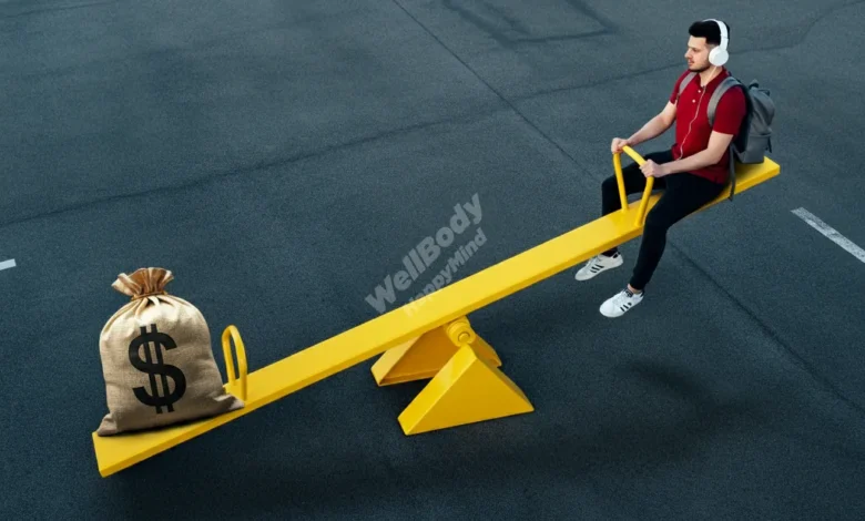 A person balancing on a seesaw with money on one side and a heart on the other, symbolizing emotional financial balance