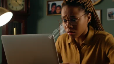 A person looking stressed, sitting at a desk with a laptop, surrounded by a clock and family photos