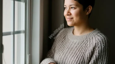 A person looking thoughtfully out a window with soft natural light , conveying contemplation and hope