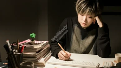 A person sitting at a desk, balancing work materials and personal life items on a scale