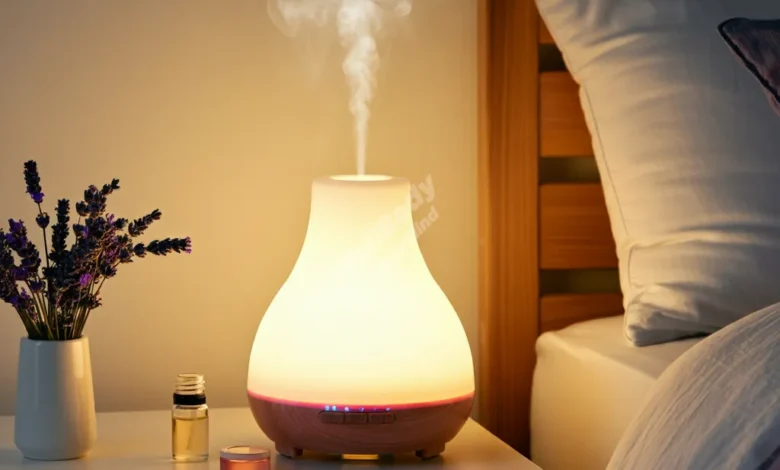 A serene bedroom with a softly glowing aromatherapy diffuser on a nightstand, emitting a visible mist