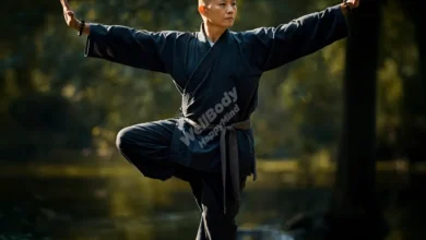 A serene martial artist in a peaceful natural setting, balancing on one leg