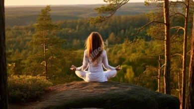 A serene natural landscape with a person in a yoga pose, symbolizing harmony between body and nature