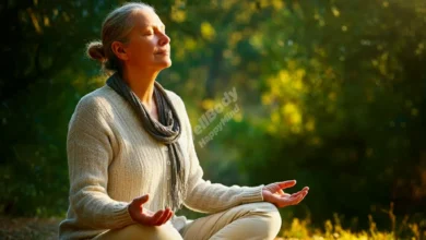 A serene person sitting peacefully in a natural setting, gentle sunlight filtering through trees, expressing inner peace