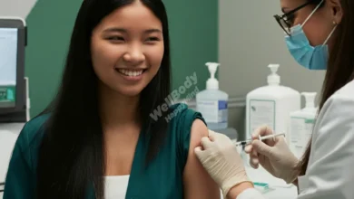 A smiling child receiving a vaccine from a healthcare professional in a modern medical setting