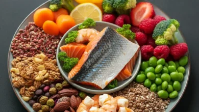 A vibrant, colorful plate filled with various healthy foods associated with longevity, such as fruits, vegetables, whole grains, and fish