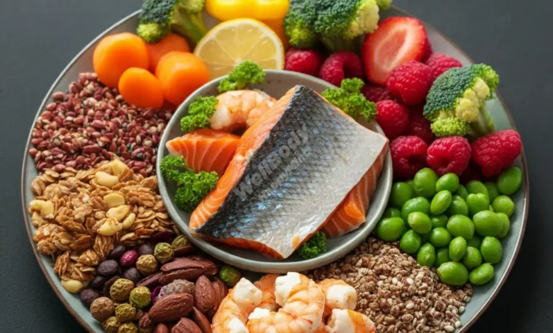 A vibrant, colorful plate filled with various healthy foods associated with longevity, such as fruits, vegetables, whole grains, and fish