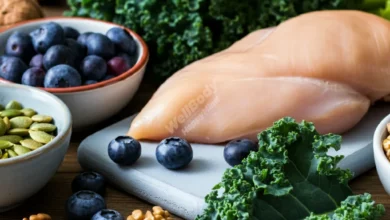 A vibrant spread of various superfoods like berries, leafy greens, nuts, and lean proteins on a wooden table