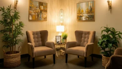 A welcoming therapy office with soft lighting, comfortable armchairs, plants, and warm decor