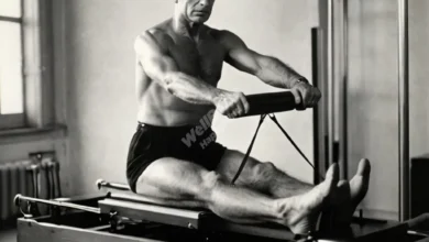 Joseph Pilates demonstrating a Pilates exercise on a reformer machine