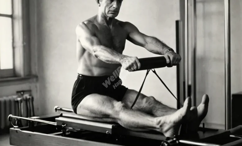 Joseph Pilates demonstrating a Pilates exercise on a reformer machine